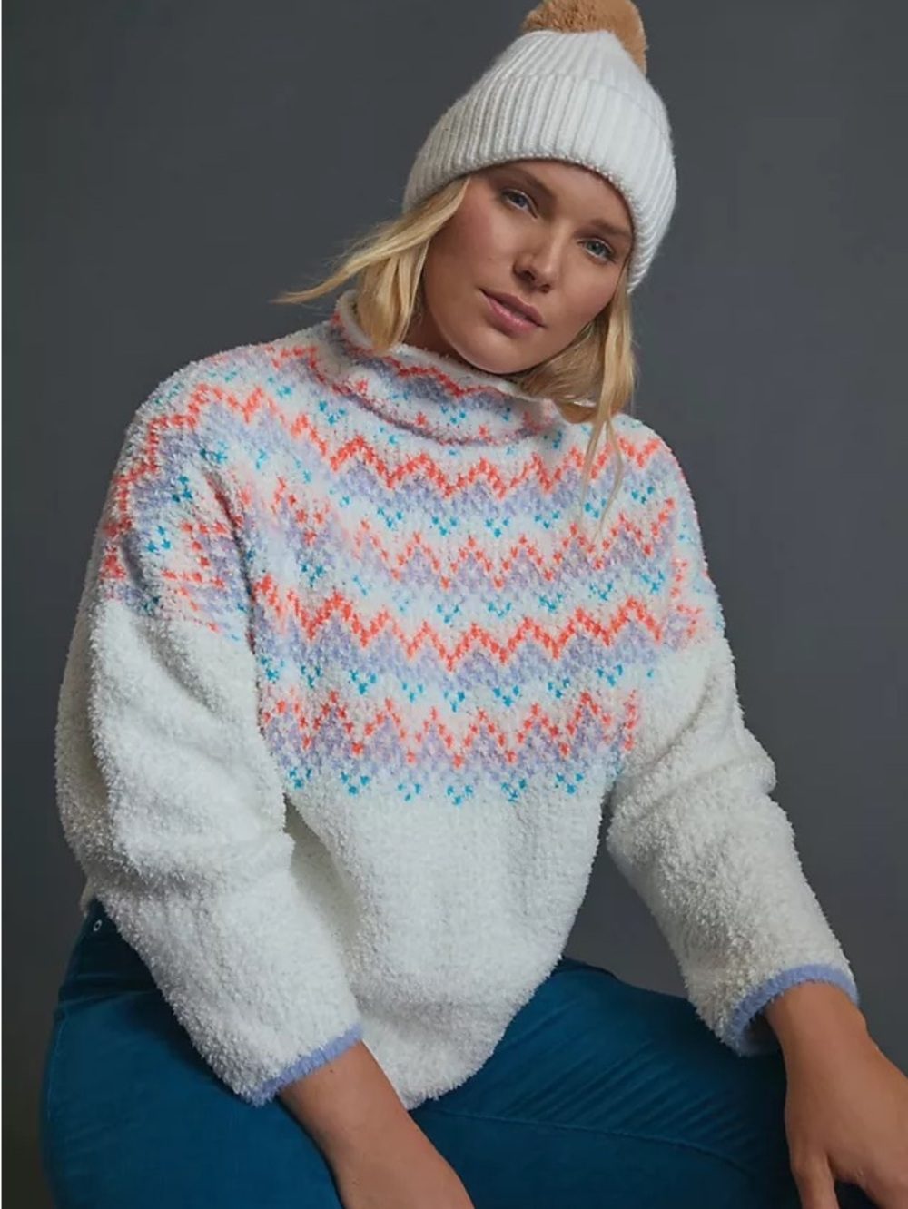 Anthropologie Chevron Crewneck Sweater in Light Blue, Pink & Coral